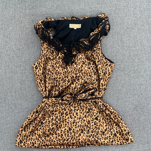 Cathaya Leopard Blouse W/ 3D Floral Neckline Small Tan Black Elegant W/ Belt Tie